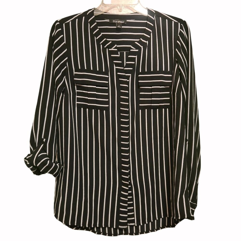 Black with White Strips Button Front Blouse 2N1 Sleeve Length size S